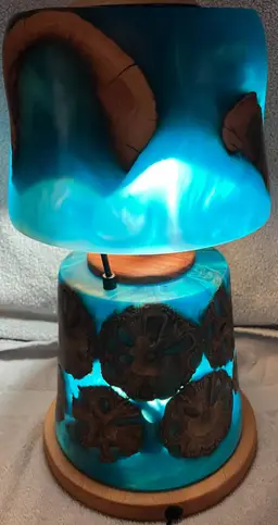 Illuminated Blue Epoxy and Wood Lamp