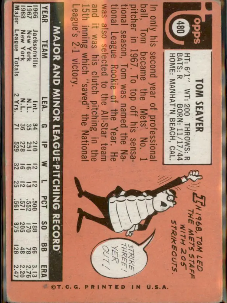 1969 Topps #480 Tom Seaver - (pk3) - New York Mets