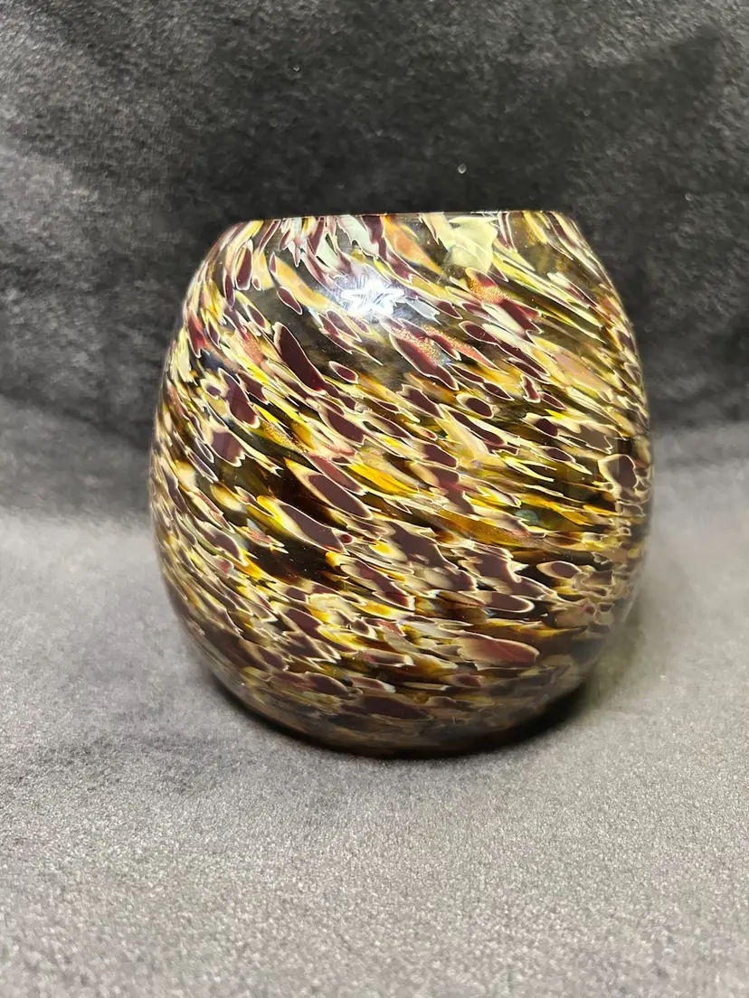 Hand Blown Art Glass Vase Yellow Brown Gold Swirl Design
