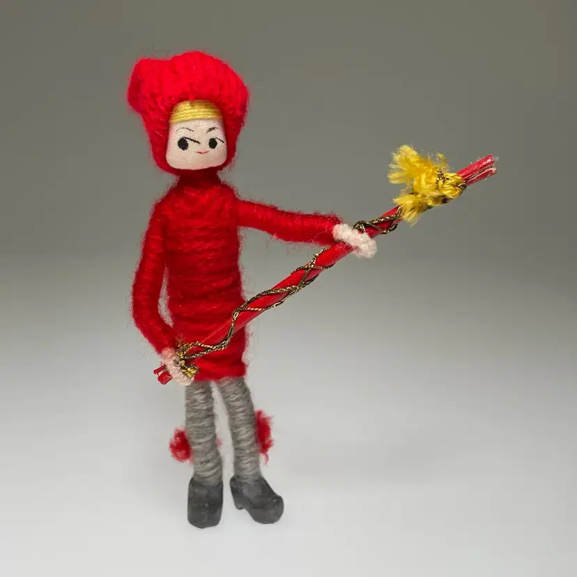 Anne Beate Vintage Yarn Wrap Doll Boy With Fishing Pole Denmark Red Winter Hat 4"