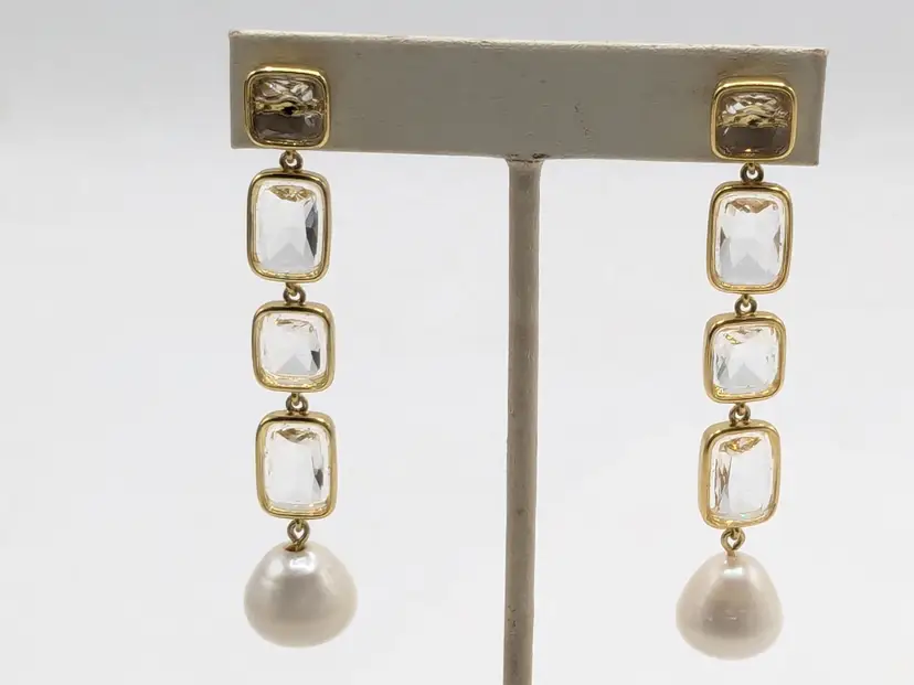 J. Crew Gold Tone Crystal and Pearl Drop Pierced Earrings