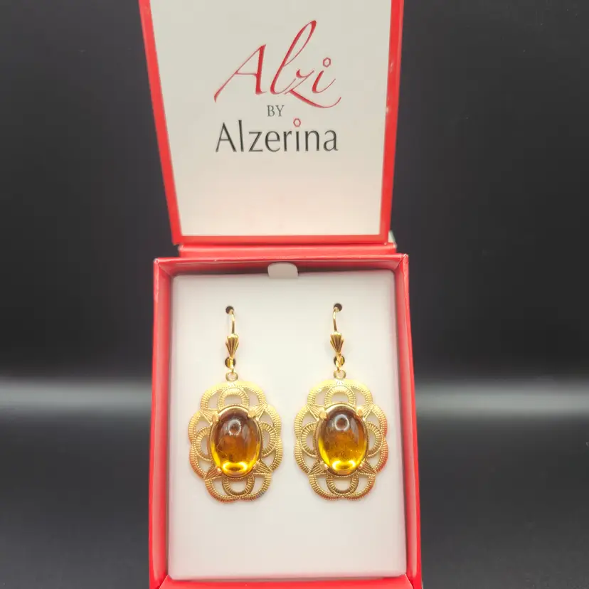 Alzerina Magnolia Filigree Earrings 24k Gold Plated Topaz Crystal Dangle