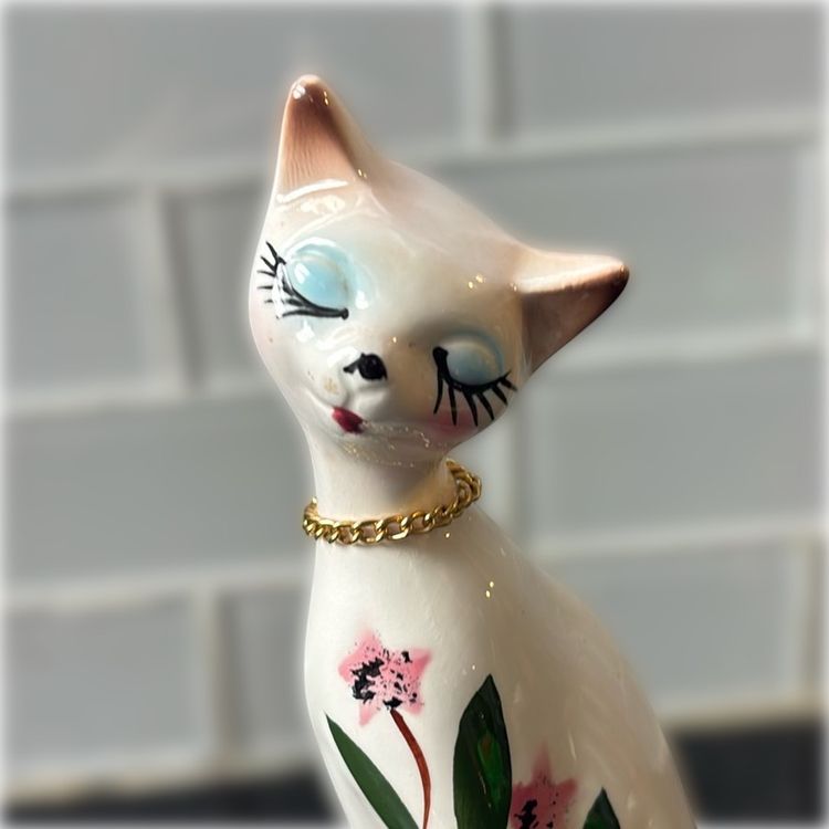 Adorable Vintage 1950s 1960s Long Necked Cat Figurine Floral Design Glazed Tall Cute One Tiny Flea Bite On Paw