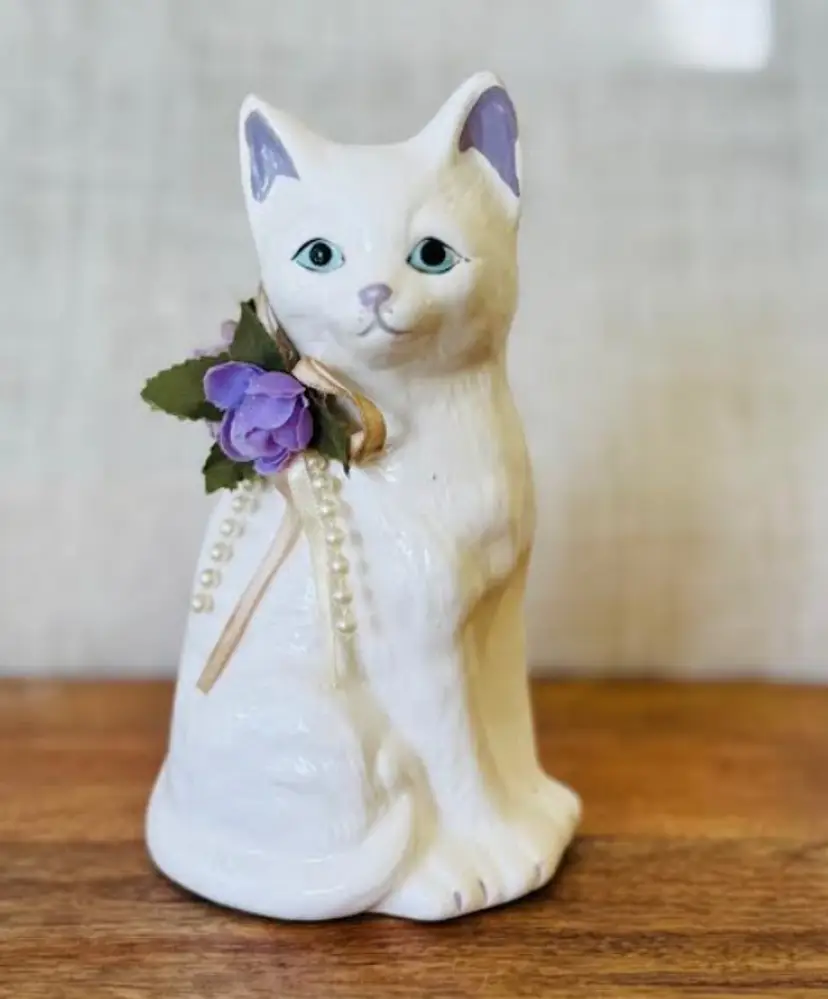 Cat Figure Hand Painted Purple Ribbon Kmart Collectible 6" Tall X 3.5" Wide