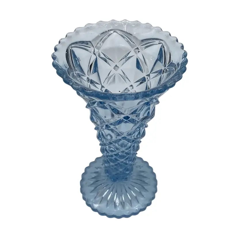 Vintage Imperial Pressed Glass, Diamond Block Pattern, 6" Vase, Ice Blue