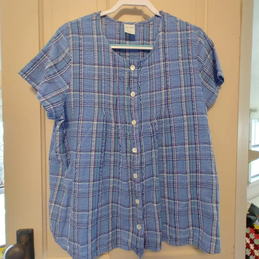 Brand: Blair. Size Petite Large. Blue plaid top. Material- 100% cotton. No callouts.