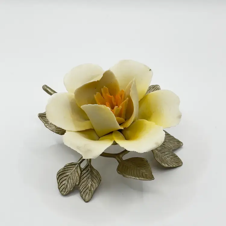 Vintage Capodimonte Porcelain Flower Metal Stem, Cream and Yellow Petals, Leaf Detail, Collectible Home Decor, By Capodimonte Porcelain, Made in Italy