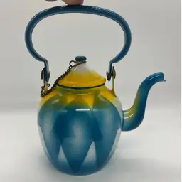 Emo Celje Enamelware Slovenia 12 Kettle Teapot Blue Yellow White Geometric Airbrush