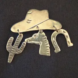 Cowboy Hat with Dangles Horse Cactus Horseshoe Brooch Charm Pin Stamped Mexico TM-135 925 Silver Vintage