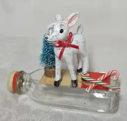Cute handmade Christmas Decor w/Deer standing on vintage Almond Extract Bottle
