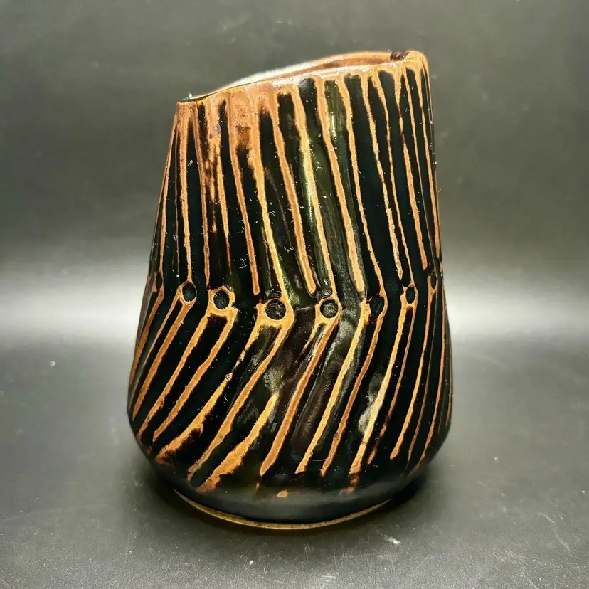 Studio Art Pottery Signed by Artist Abstract Pattern Slanted Vase 5"