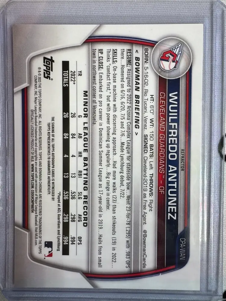 2023 Bowman Chrome Wuilfredo Antunez 1st Refractor Auto 190/499 Cleveland Guardians