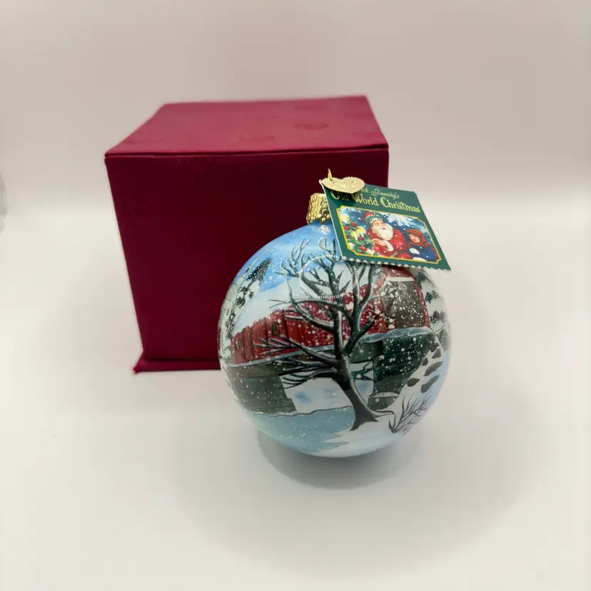 Vintage 2001 Christmas Winter Scene Ornament with Box, Inside Art Reverse Painted, By Merck Family, Made In China, Signed