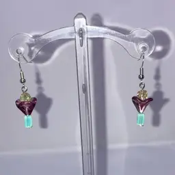 Flower UV Reactive Glass Beads Drop Earrings! Stamped 925 Untested Silver Tone Fish Hooks.  Made By Me!