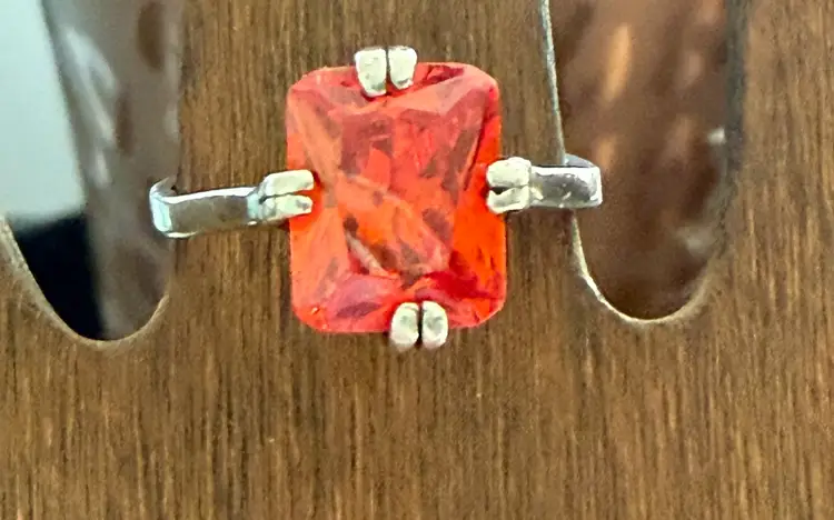 Sterling Silver Reddish Orange Glass Stone Ring Size 6.5