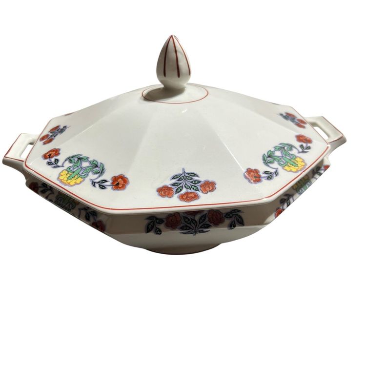 021 Vintage Johnson Brothers Red Yellow Floral Covered Octagonal Vegetable Dish 9.75" X 7"