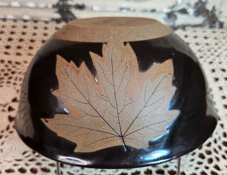Alewine Artisan Signed Pottery Bowl 6” Brown w/ Brown Maple Leaves Fall Autumn