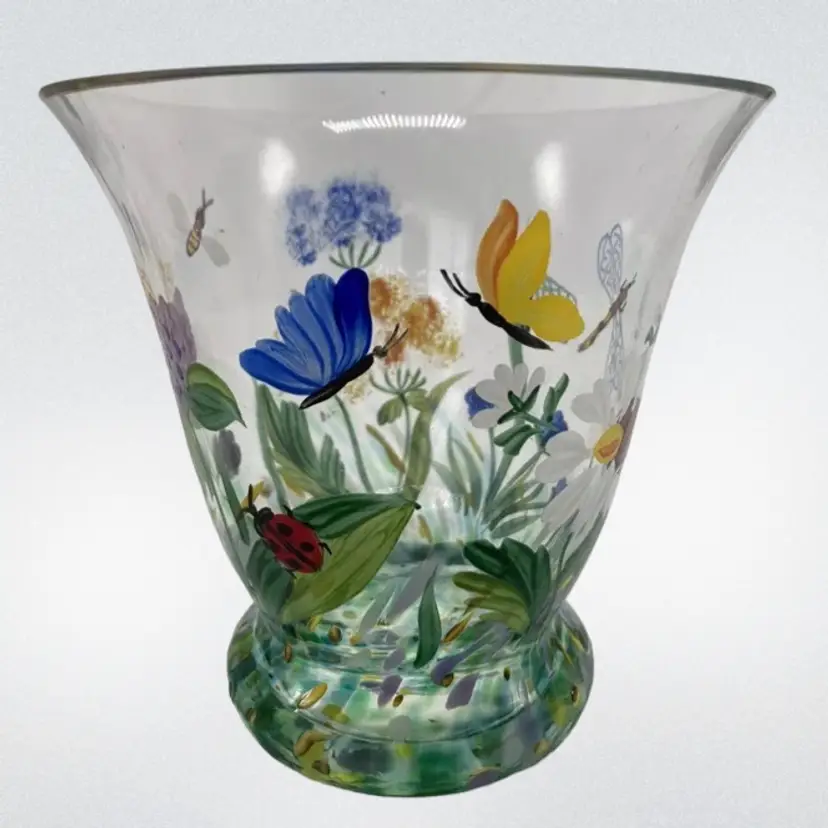 Hand Painted Glass Vase ~butterflies Flowers Ladybugs 5 1/2” Tall 5  1/2” Wide