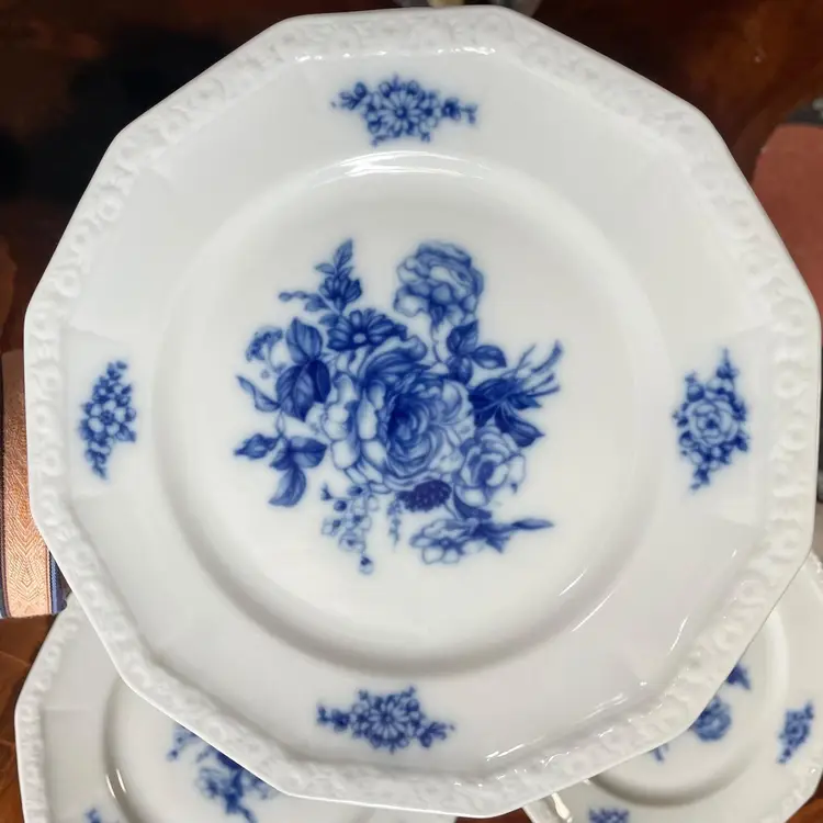 Set of 4 Rosenthal Selb Germany Porcelain Maria Blue Rose 12 Sided Bread Plates 6.5”