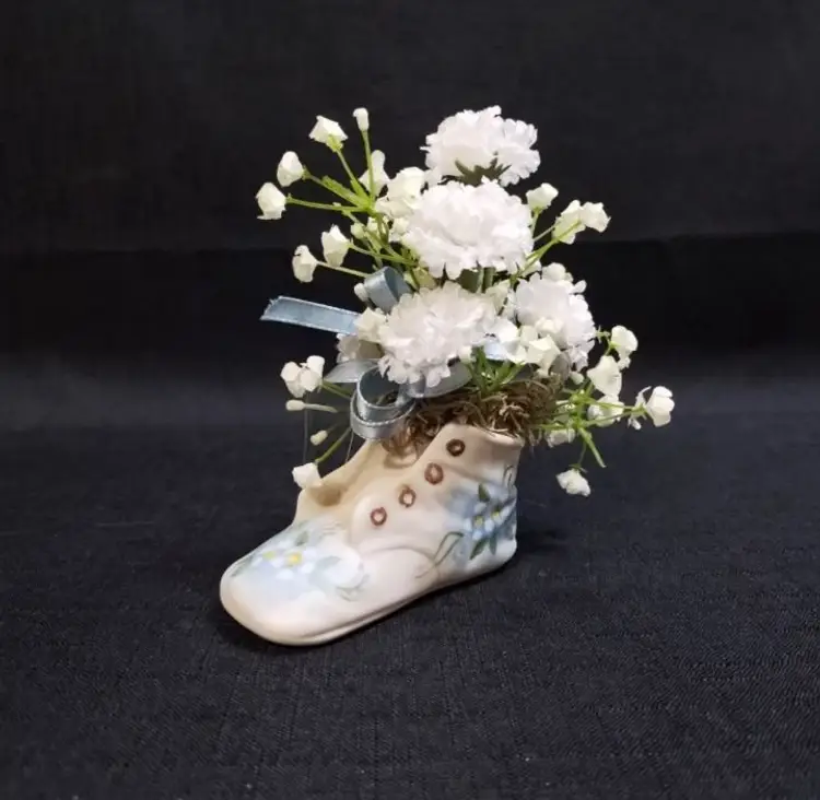 Vintage Hand Painted Porcelain Blue Floral Baby Shoe with Flower Arrangement