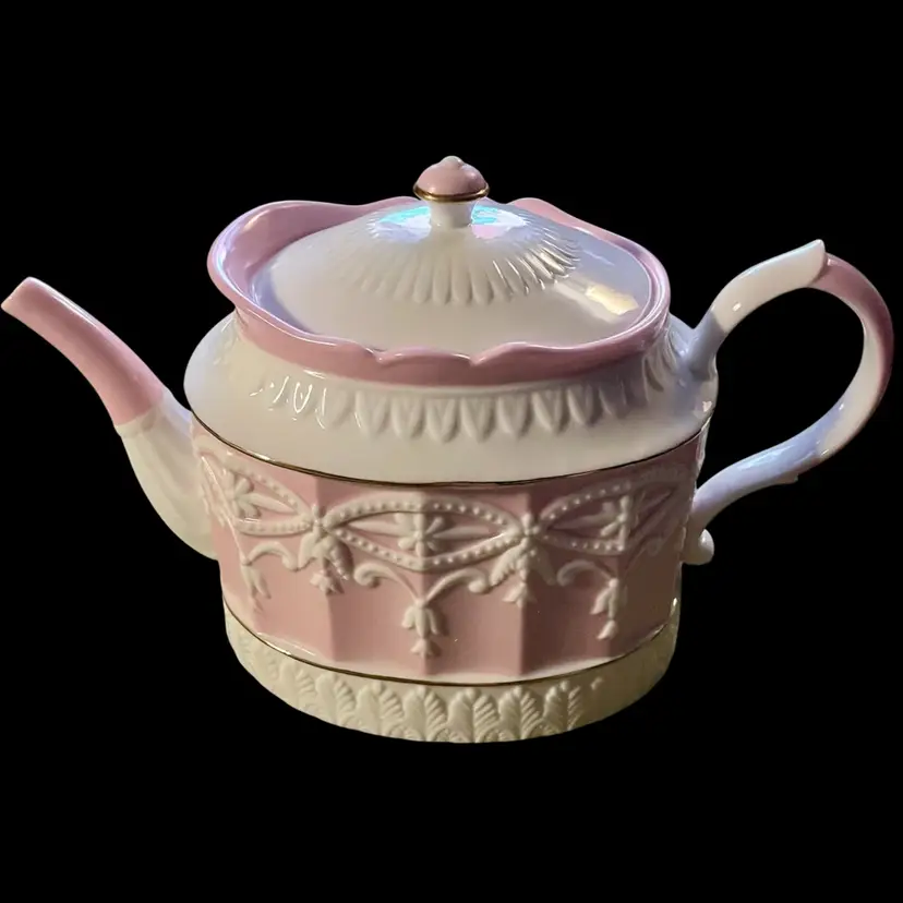 2007 Lenox HIGH TEA TEAPOT - White Pink Gold Banding White Garland NOS