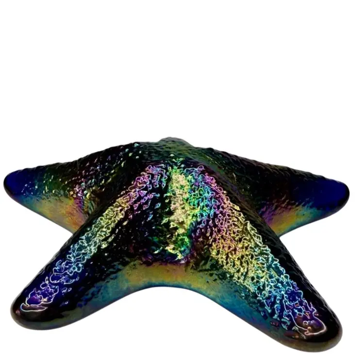 Studio Art Glass Paperweight Dichroic Starfish Signed by Artist John Cook 2002 
2-1/4” T x 6” x 6-1/4”