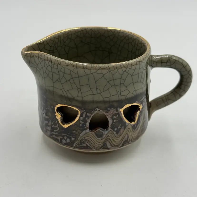 Somayaki Soma Ware Double Wall Vintage Creamer Green Crackle Glaze Gold Horse