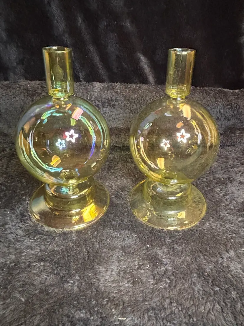 Pair Of Zodax Yellow Iridescent Glass Bubble Taper Candle Holders “Gold Luster