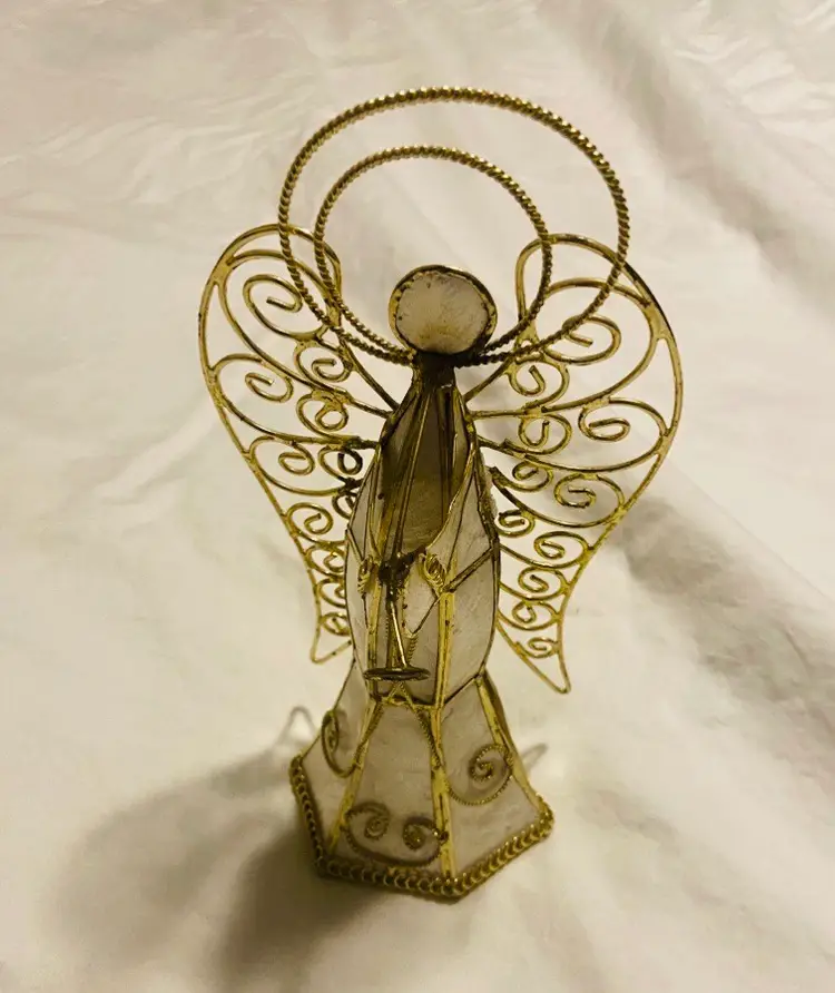 Vintage Iridescent Capiz Shell Metal Angel Tree Topper Table Sitter Retro Christmas Boho Glam Coastal
