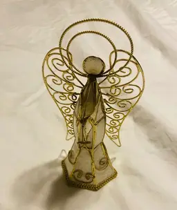 Vintage Iridescent Capiz Shell Metal Angel Tree Topper Table Sitter Retro Christmas Boho Glam Coastal