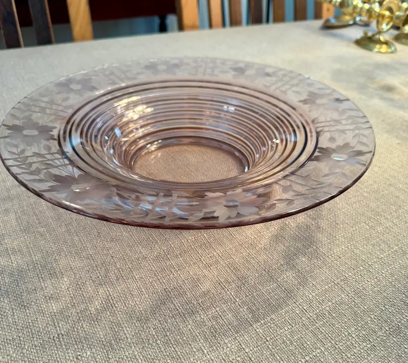 Etched Pink Depression Glass Console Bowl