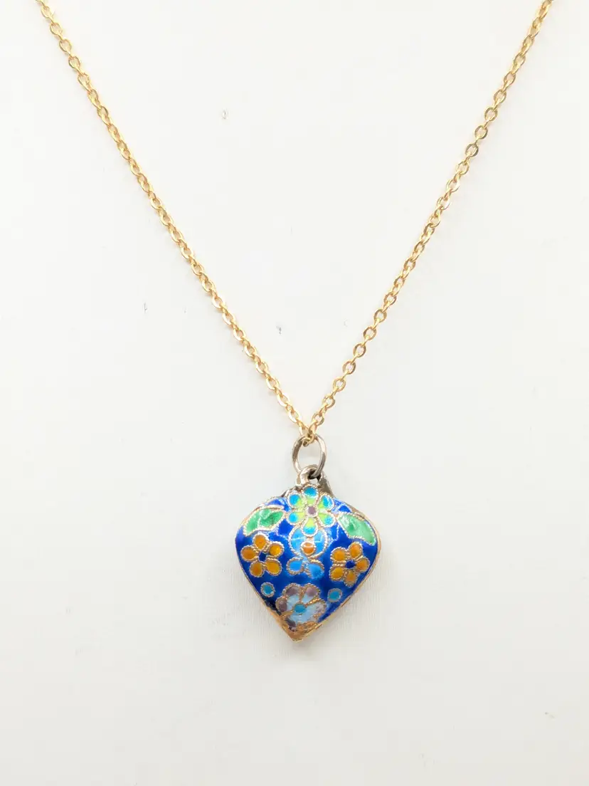 Vintage Cloisonne Blue Enamel Floral Puffy Heart Pendant Gold Tone Necklace