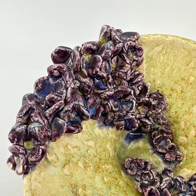 Abstract Handmade Art Pottery 7.25" Bowl With Applied Purple Flowers