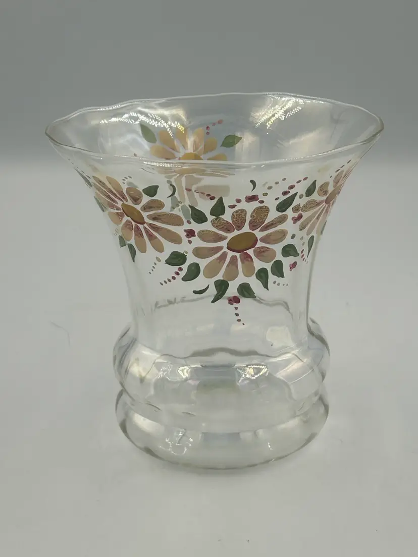 Vintage Ruffle Edge Hand Painted Floral Iridescent Glass Vase Glows Orange