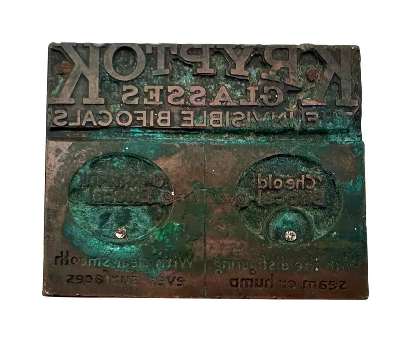 Vintage Letterpress Printing Block Kryptok Eyeglasses Bifocals Advertisement