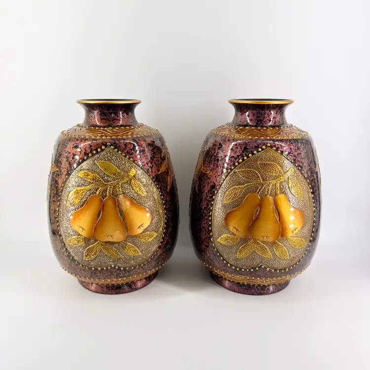 Pair Ceramic Golden Pears 12" Fruit Amethyst Black Mottled Vases Etched