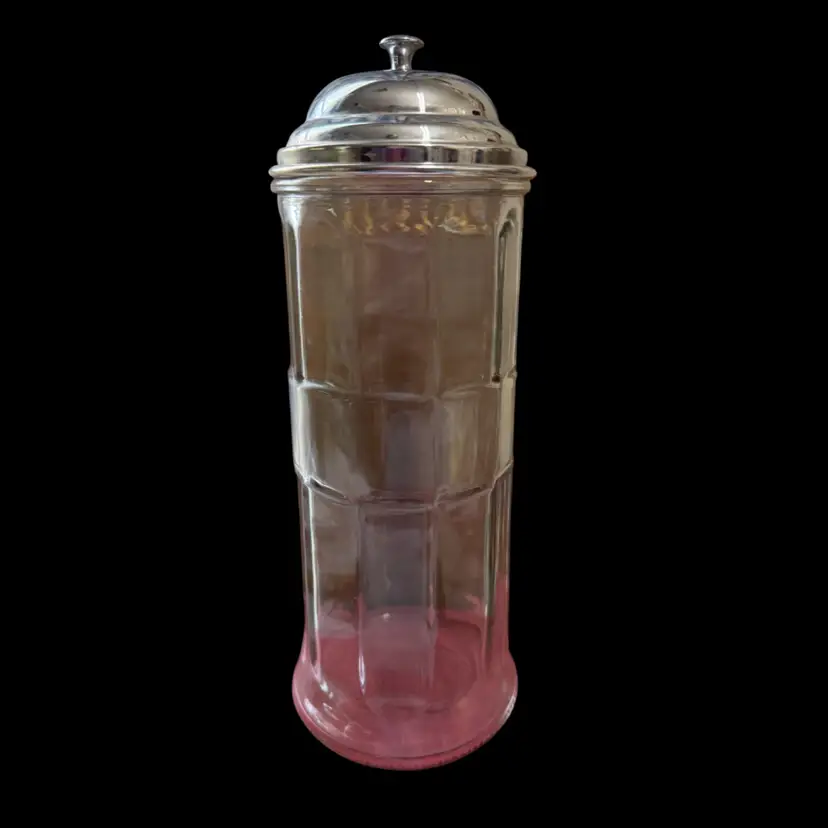Vintage Tablecraft glass drinking straw dispenser with metal lid.