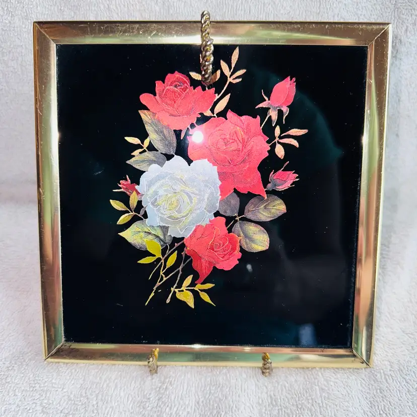 Vintage 1995 Kafka Industries Gold Foil Art Roses With Metal Display Stand