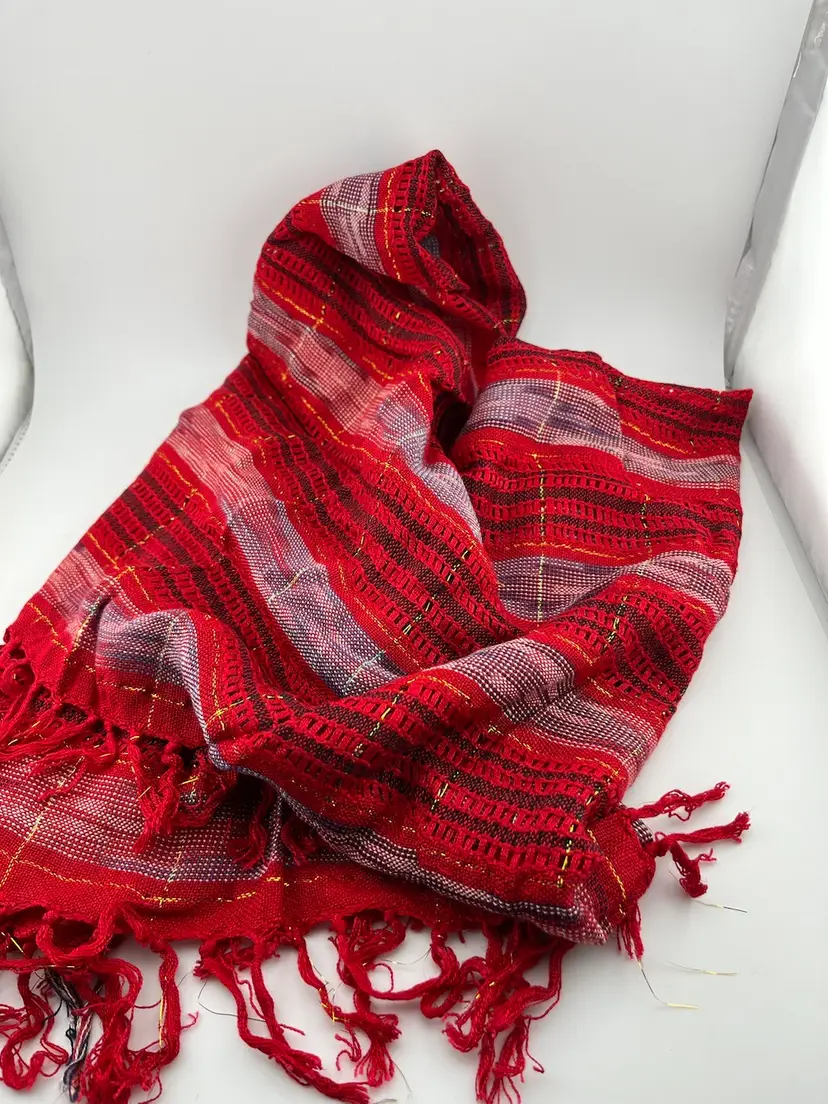 Vintage Metallic Gold, Red, Black, Blue Lavendar Scarf. Fringe around entire 30"x30"