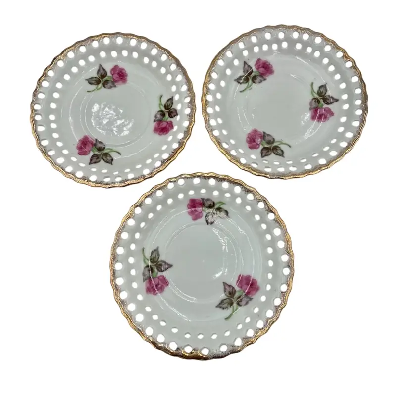 3 - Vintage Ucagco (Japan) Pink Roses Reticulated Saucers/Plates, Gold Gilt