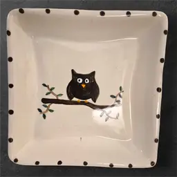 Jean Elton Signed Owl Themed Plate - Stoneware 6" Square