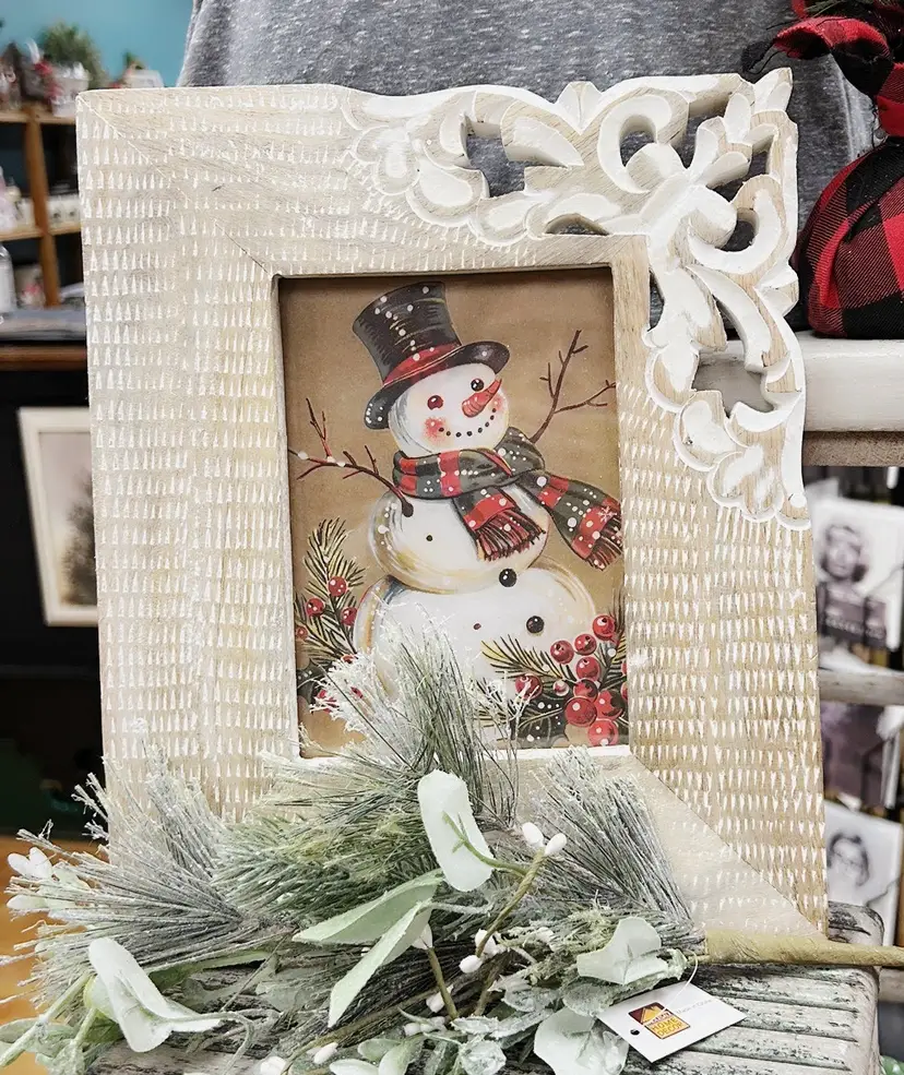 Framed Snowman Print In Carved White Distressed Wood Frame 11”x9 1/2”