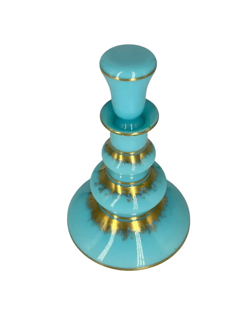 Antique Bohemian Blue Opaline Glass Perfume Bottle with Stopper • Hand-Painted Gold Gilt • Victorian Art Glass Vanity Décor