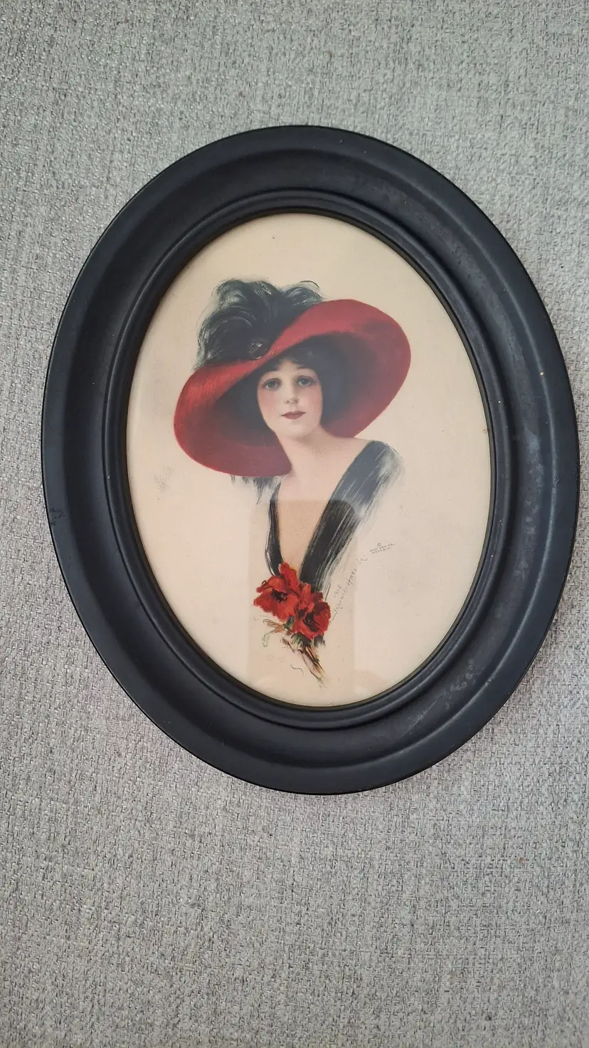 131 Antique 1912 Knowles Hare Jr. “Three Arts” Print – Ohio Art Co. – Oval Metal Frame