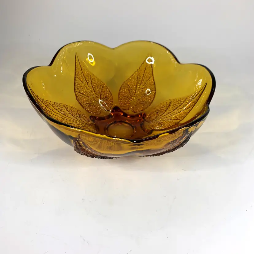 Anchor Hocking Amber Renaissance Bowl Glass Beaded Leaf Cottage Core Vintage