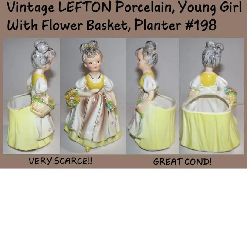 Vintage Lefton Porcelain Woman/Girl With Flower Basket, Planter # 198. RARE