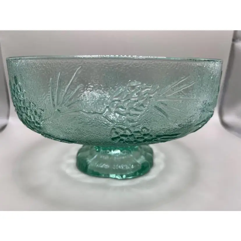 #02 - Vintage Green Tiara Glass Ponderosa Pine Footed Compote/Serving Bowl ~ 4.5 inches tall, 7.75 inches wide