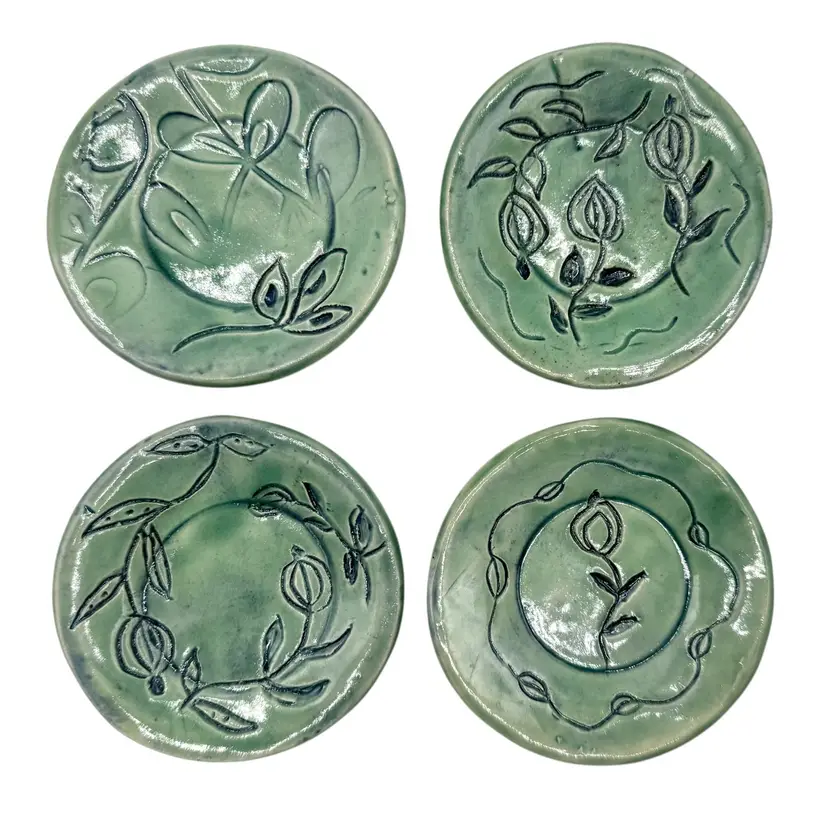 Set of 4 Signed SM Studio Art Pottery Trinket Dish Butter Pat Blue Green Floral