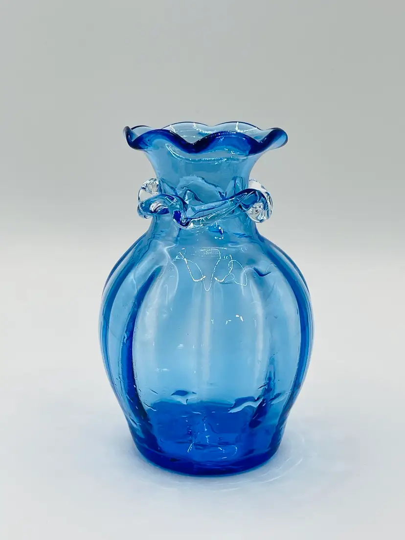 Handblown, Blue, Ruffled Vase