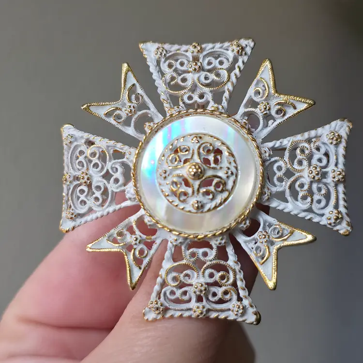 Pastelli Maltese Cross Brooch or Pendant White Enamel Gold Tone Mother Of Pearl